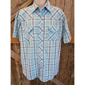 Wrangler blue metallic pearl snap size XL Short Sleeve EUC Western rodeo mens